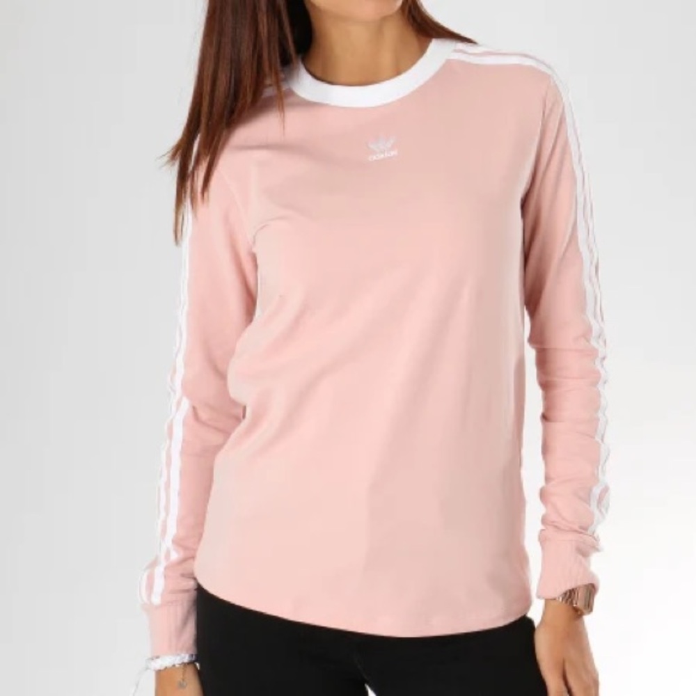 Adidas Originals Peach Pink Ringer 3-Stripe Long Sleeve Trefoil t-shirt